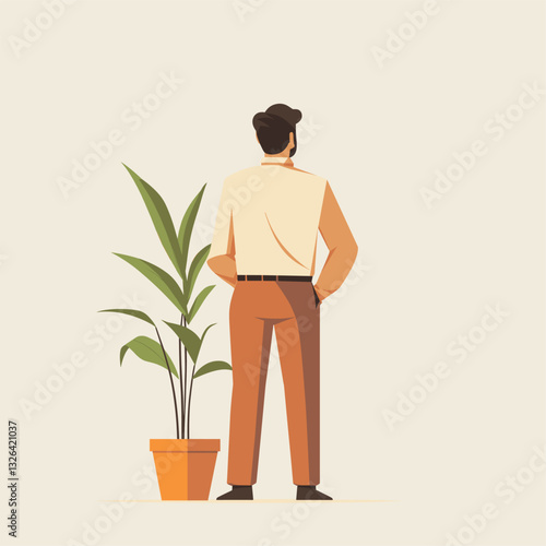 potted plant grower, his job is potted plant grower, minimalistic flat design, the man who lives in t'westland in the netherlands turned is back to the front, he is looking back

