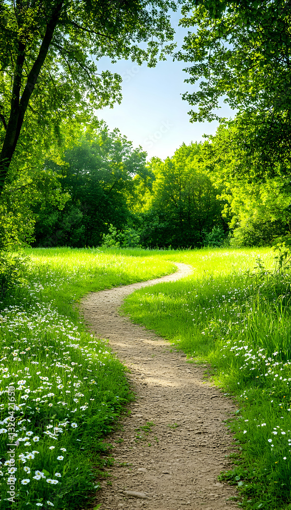 Serene forest path winding through a meadow Serene forest path winding through a meadow