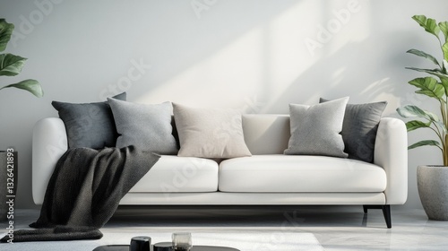 The room showcases a minimalist design with a stylish sofa adorned with varying textured pillows. Green plants add life to the serene atmosphere, completing the tranquil environment