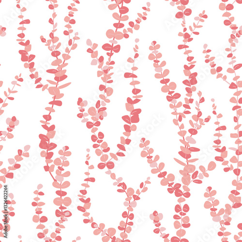 Silver dollar or baby blue pulverulenta eucalyptus branches seamless pattern in pink palette. Hand drawn vector illustration background.