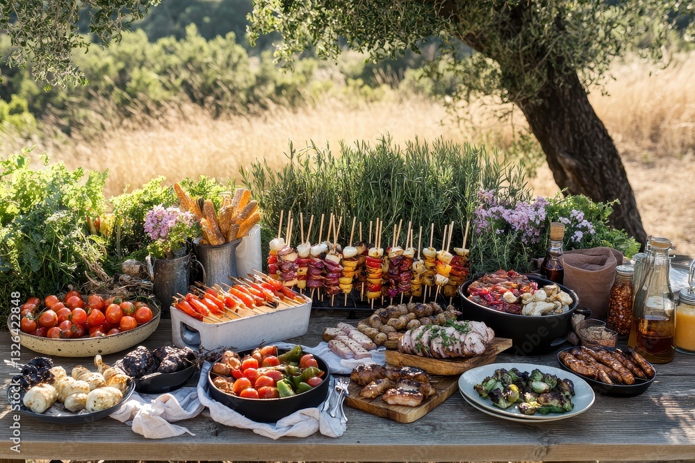 Fototapeta premium Vibrant Outdoor Feast with Colorful Dishes and Fresh Ingredients