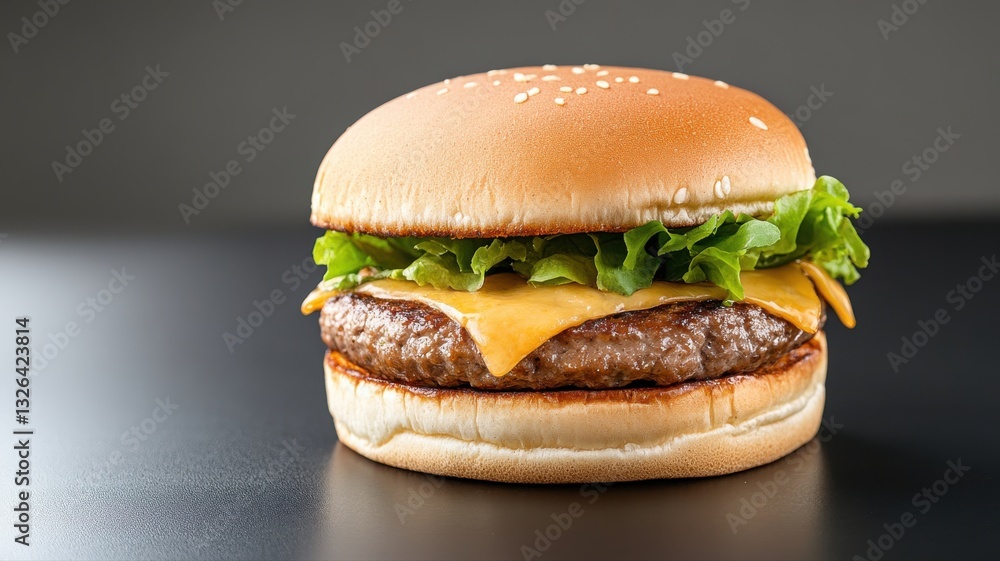 Delicious cheeseburger with fresh lettuce and melt cheese on a toasted sesame bun, perfect for a tasty meal. Delicious cheeseburger with fresh lettuce and melt cheese on a toasted sesame bun, perfect for a tasty meal.