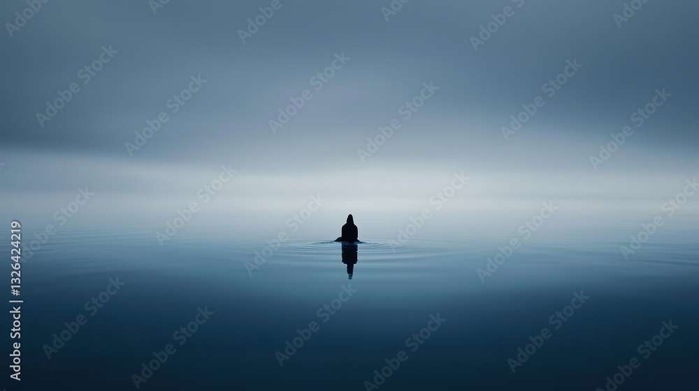 Fototapeta premium Lone figure standing in vast calm water with foggy atmosphere and soft reflection