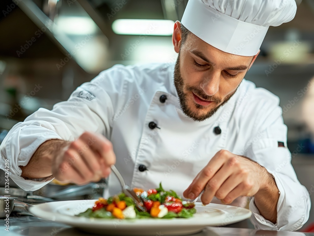 Focused Chef Preparing Exquisite Salad in Restaurant Kitchen, Representing Culinary Expertise and Passion. Ideal for Restaurant Websites, Food Blogs, and Culinary School Marketing. Focused Chef Preparing Exquisite Salad in Restaurant Kitchen, Representing Culinary Expertise and Passion. Ideal for Restaurant Websites, Food Blogs, and Culinary School Marketing.