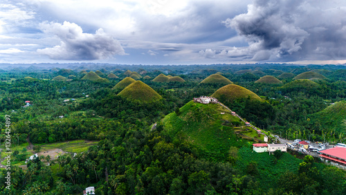 Aerial drone view of Chocolate Hills on the island of Bohol, Philippines