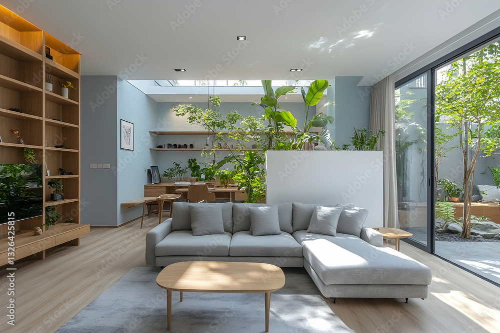 Light-filled modern living room with a zen garden view. Open concept, light neutral color palette, and ample natural light Light-filled modern living room with a zen garden view. Open concept, light neutral color palette, and ample natural light