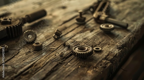 Wallpaper Mural Rusty metal gears and bolts scattered on a wooden workbench, symbolizing mechanical wear and repair, industrial maintenance, and vintage machinery concepts. Torontodigital.ca