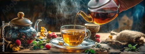 herbal tea pouring into a glass. Selective focus.