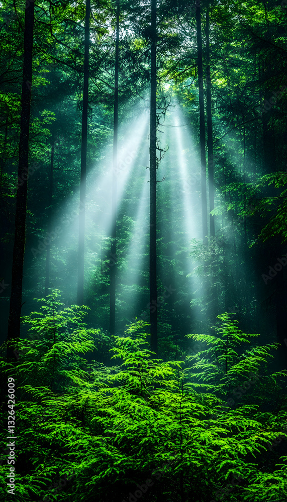 Fototapeta premium Sunlight beams through dense forest canopy. Lush greenery and tall trees. Mystical atmosphere