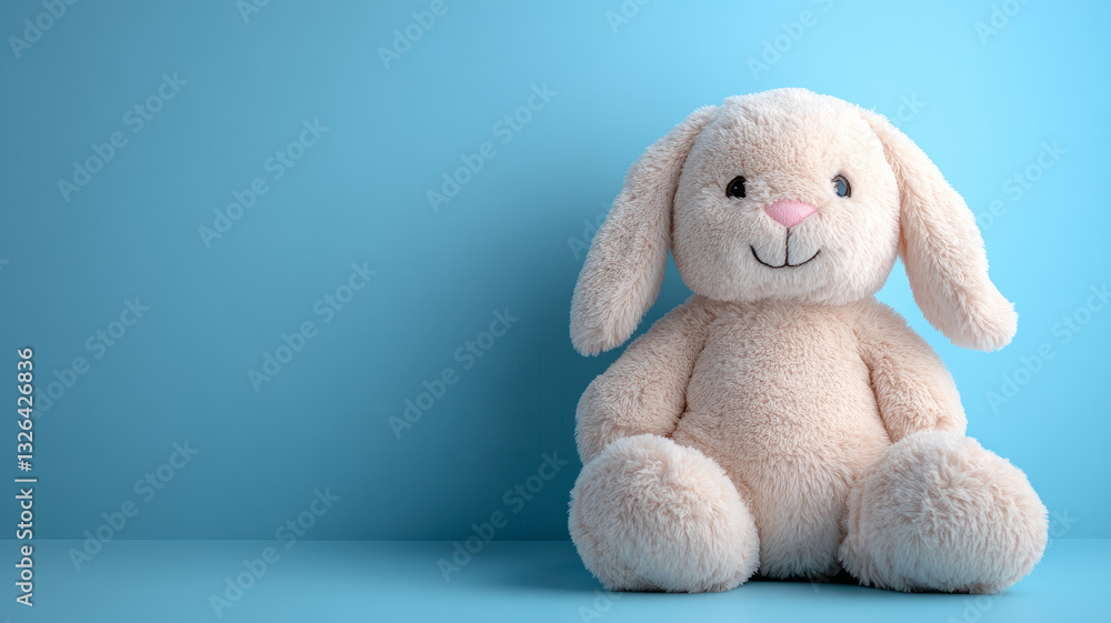Plush bunny toy against a blue background. Plush bunny toy against a blue background.