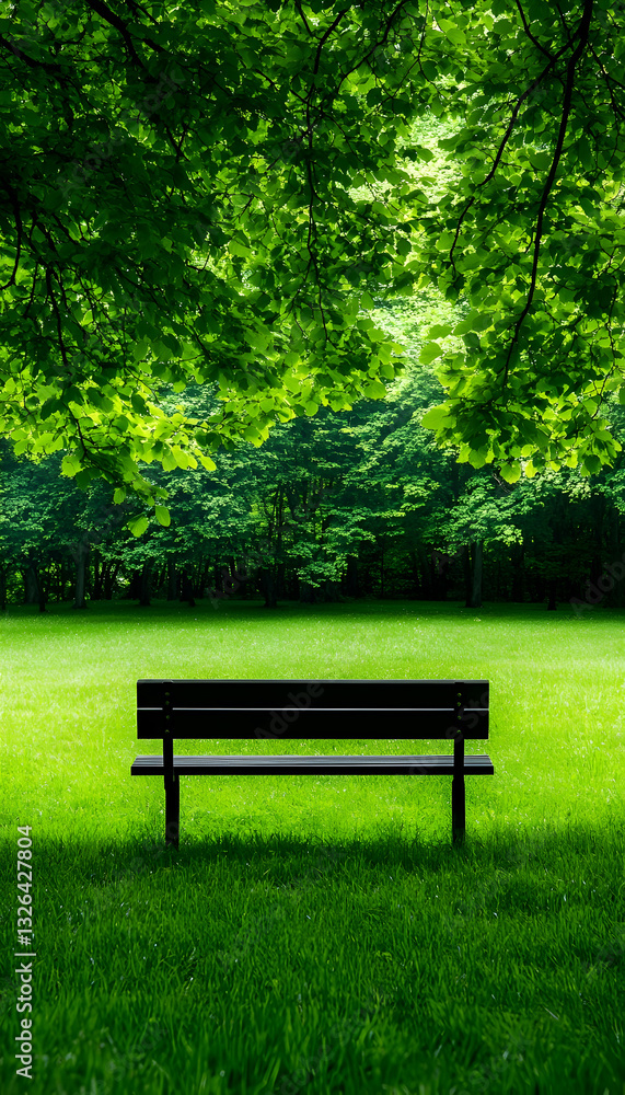 Tranquil park bench beneath lush green canopy Tranquil park bench beneath lush green canopy