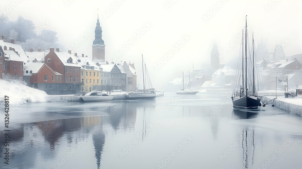 Naklejka premium Snowy Harbor Cityscape