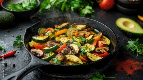 Wallpaper Mural Delicious Sautéed Vegetables in Cast Iron Pan, Representing Healthy Eating and Flavorful Cuisine. Perfect for Food Blogs, Cookbooks, and Restaurant Menus. Torontodigital.ca