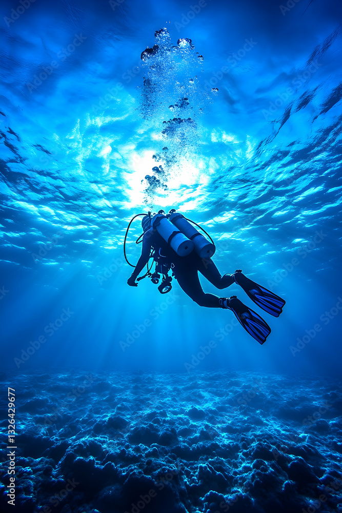 custom made wallpaper toronto digitalUnderwater scuba diver exploring vibrant ocean depths