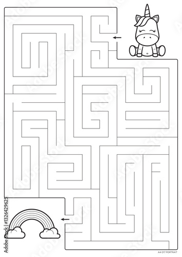 Vector black line printable maze. Format A4. Coloring book educational maze with little unicorn looking for a rainbow. Size portrait.