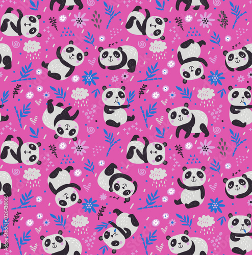 patron Pandas tiernos con flores sobre fondo fucsia