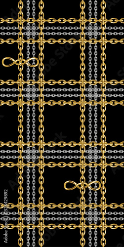  Patrón elegante de cadenas doradas y perlas sobre fondo negro