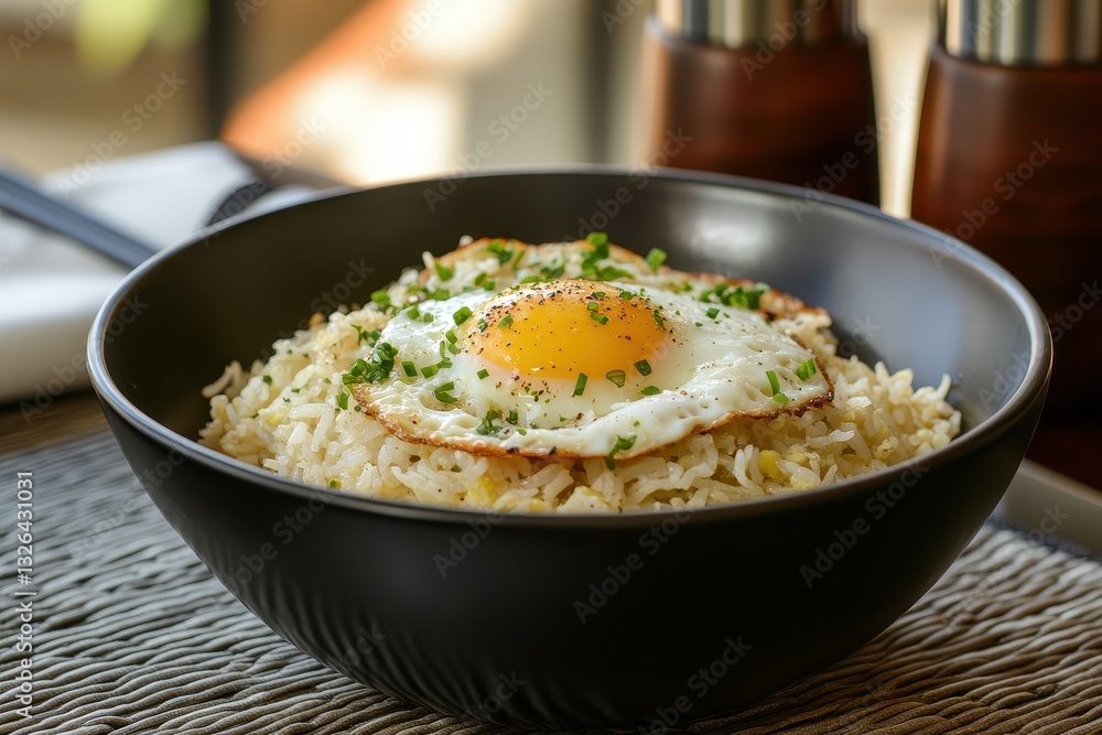 Delicious Fried Rice Bowl with Fried Egg and Chopped Green Onion Delicious Fried Rice Bowl with Fried Egg and Chopped Green Onion