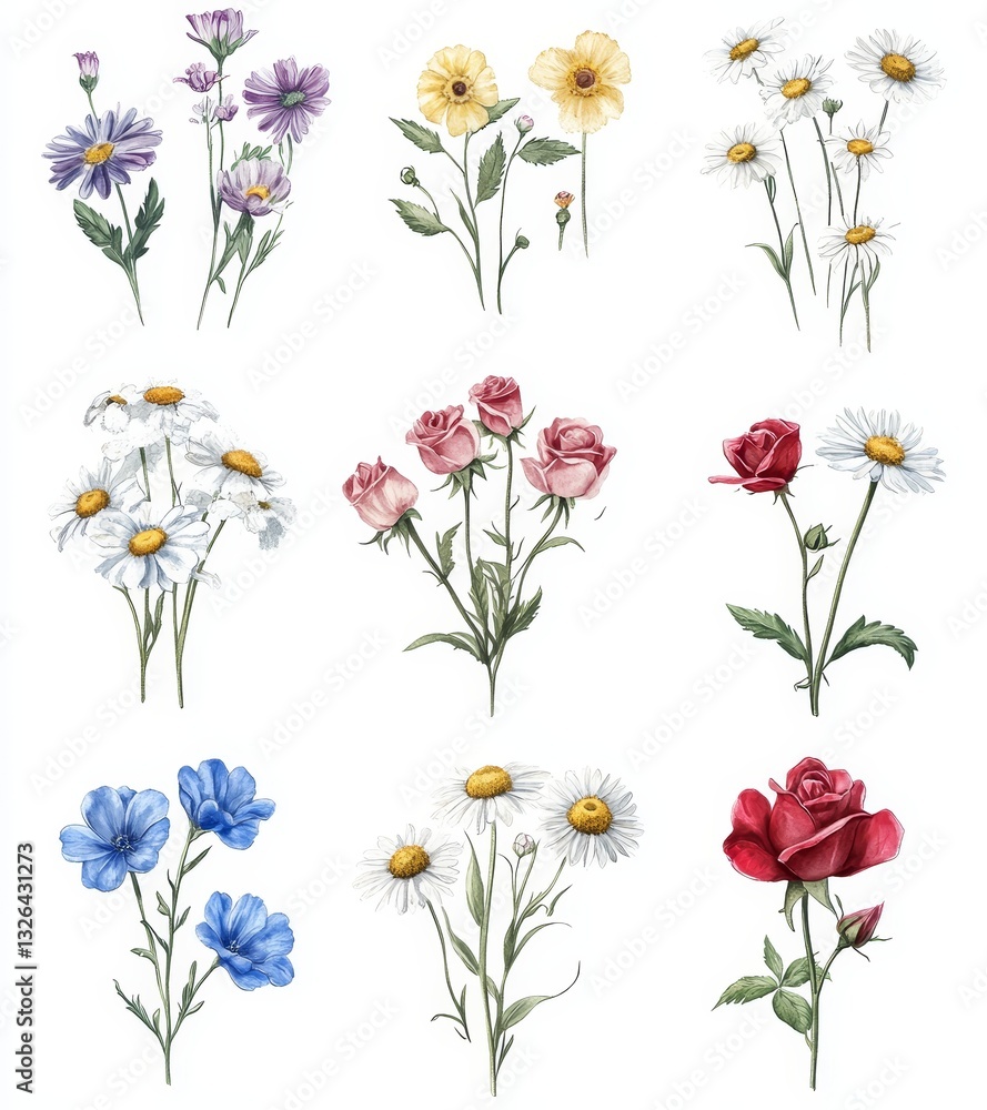 A watercolor set featuring beautiful and fresh flowers, including roses, tulips, and others, on a white background is a great option for those looking to add vintage decorative art to their space A watercolor set featuring beautiful and fresh flowers, including roses, tulips, and others, on a white background is a great option for those looking to add vintage decorative art to their space