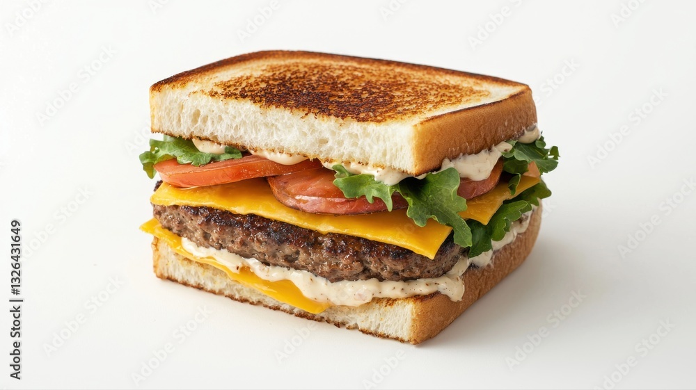 Delicious grilled cheese burger with lettuce and tomato on a white background. Delicious grilled cheese burger with lettuce and tomato on a white background.