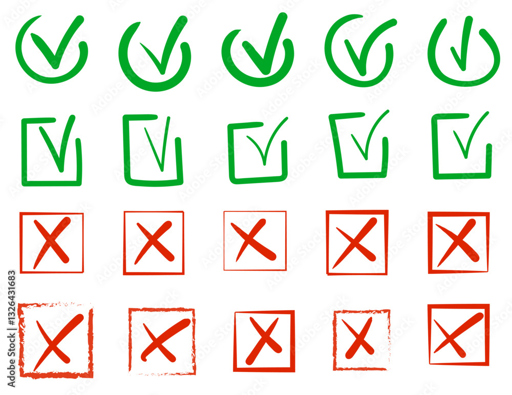 Set of checkboxes. Tick and check marks pack. Cross and v sign pencil drawn. Correct and wrong symbols. Vector doodle collection illustration isolated on white background. Set of checkboxes. Tick and check marks pack. Cross and v sign pencil drawn. Correct and wrong symbols. Vector doodle collection illustration isolated on white background.