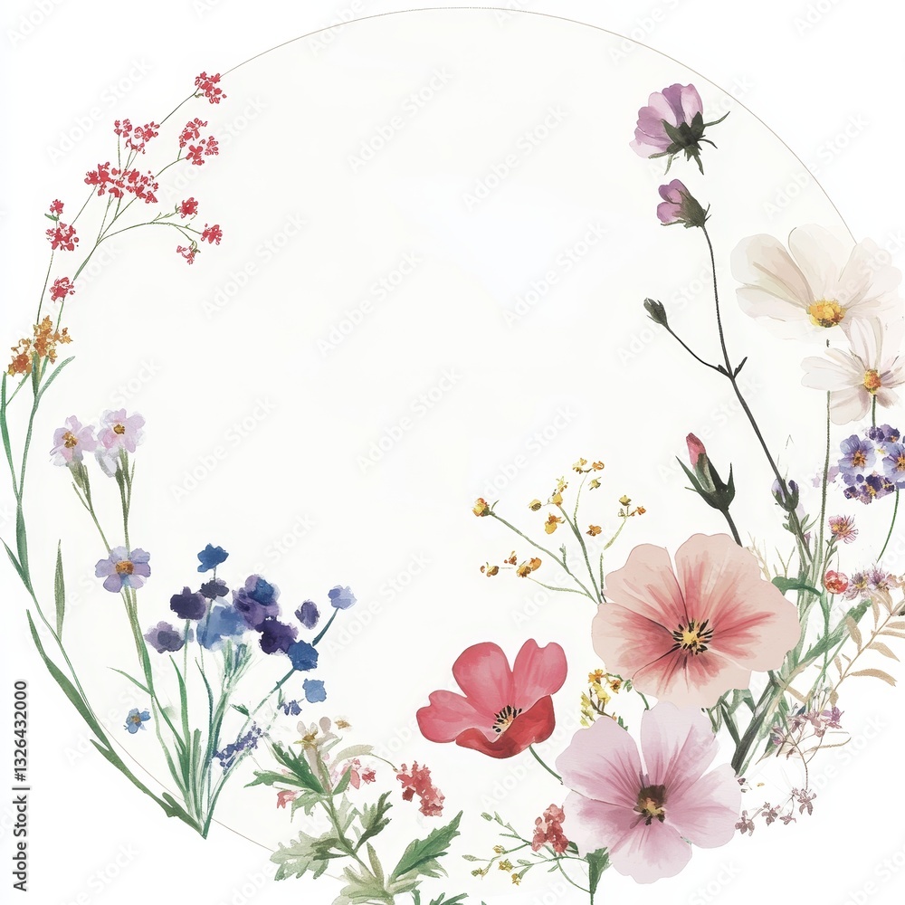 Fototapeta premium This watercolor illustration features a hand-painted wreath border frame filled with summer herbs and meadow flowers on an isolated white background