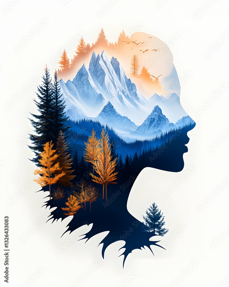 Obraz premium Woman's profile silhouette, layered with a mountain and forest landscape