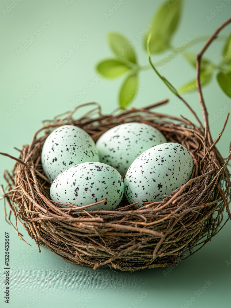 Four speckled eggs in a nest on a green background. Four speckled eggs in a nest on a green background.