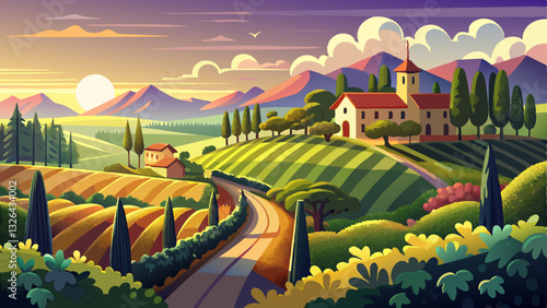 
Vineyards with grapevine and winery along wine road in the evening sun, Europe 