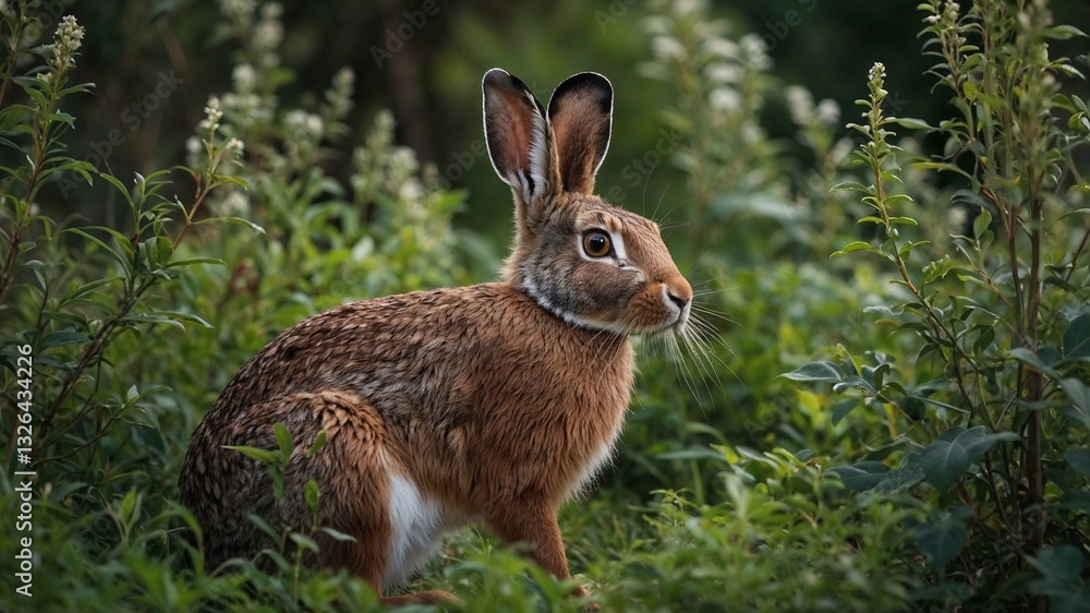 Fototapeta premium hare sitting in tall grass during summer in a natural setting