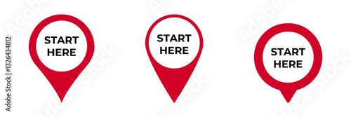 Three red location pins display the words start here inside each circle, indicating starting points.