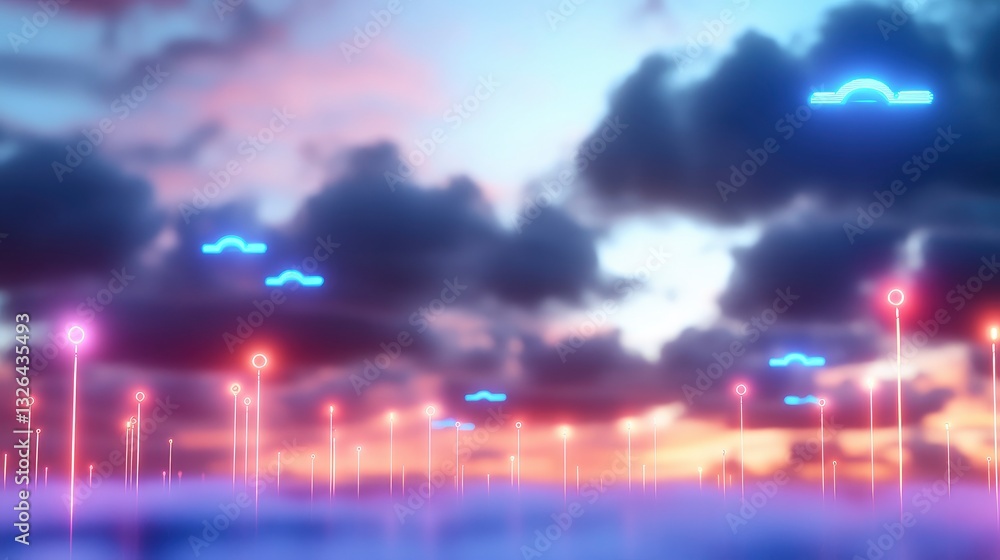 Fototapeta premium Abstract sunset landscape with glowing neon lights and clouds.