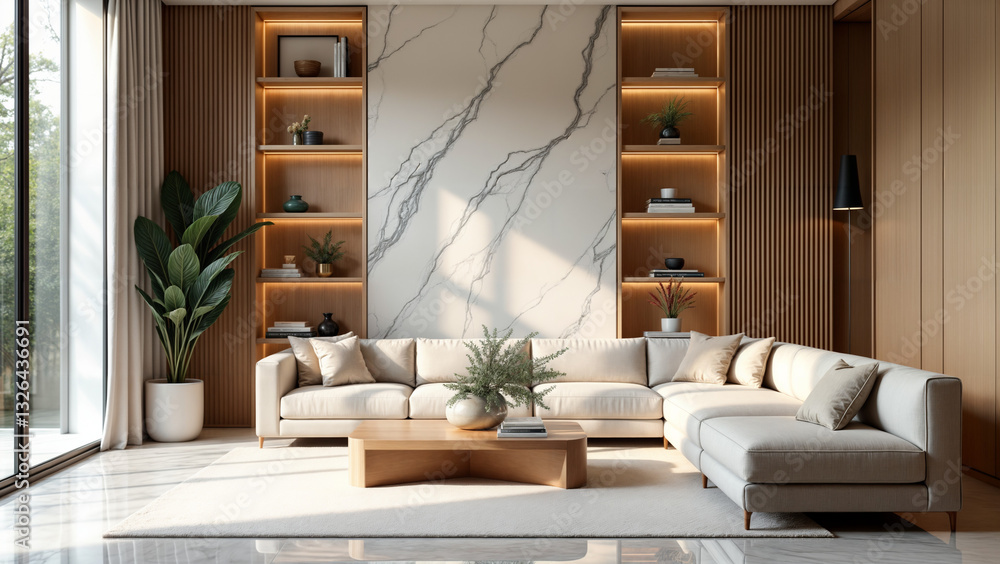 Minimalist Living Room with Marble Feature Wall and Warm Wood Accents Minimalist Living Room with Marble Feature Wall and Warm Wood Accents