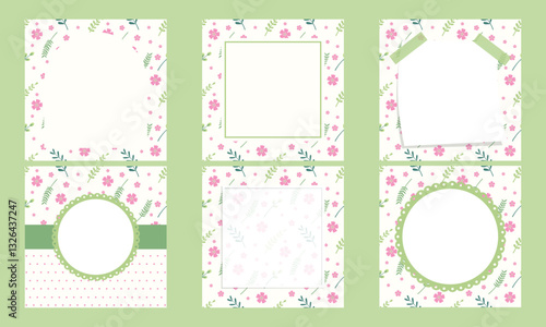 Vector set of cute kawaii memo pad, notepad and stickers with floral background