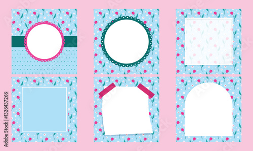 Vector set of cute kawaii memo pad, notepad and stickers with floral background