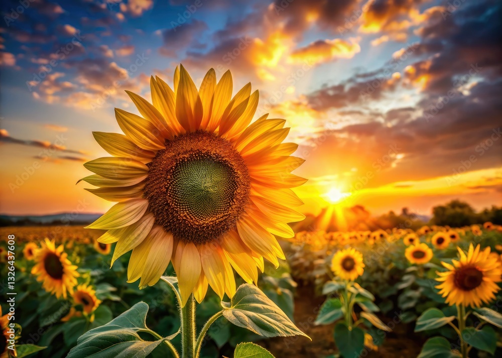 Fototapeta premium Golden hour sun paints vibrant sunflowers at sunset.