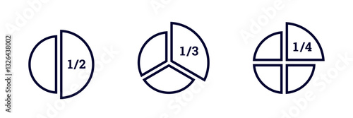 Three distinct circle diagrams display fractions labeled one half, one third, and one fourth.