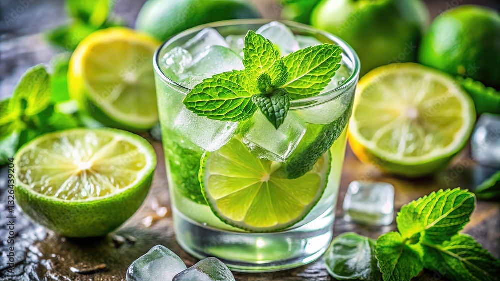 Refreshing lime and mint drink, a summer delight. Refreshing lime and mint drink, a summer delight.