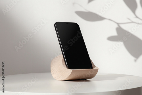 Wallpaper Mural Smartphone on wooden stand with leaf shadow backdrop Torontodigital.ca