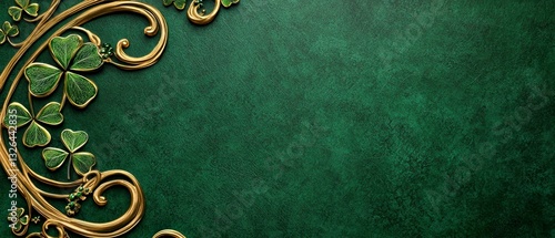 Elegant Ornamented Golden Celtic Shamrocks and Floral Elements on Emerald Green Textured Surface Design