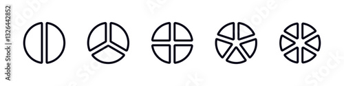 Five minimalist line art designs show the progression of a circle, each with unique segment patterns.