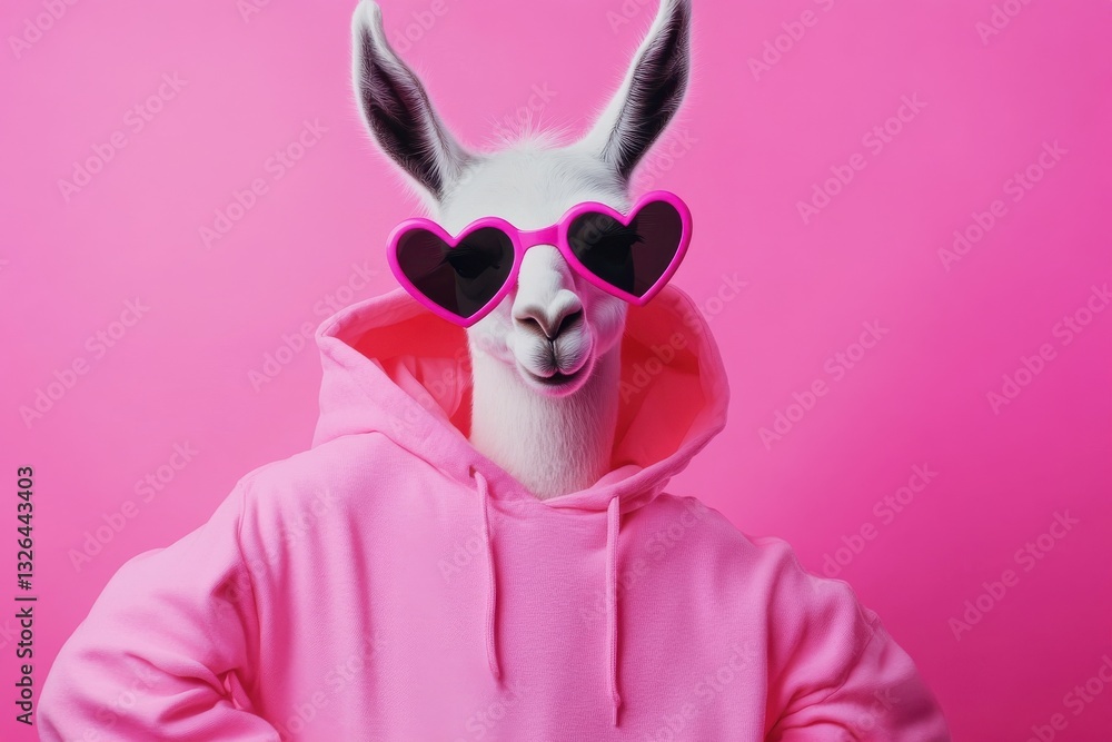 Fototapeta premium Chill hipster llama in heart-shaped sunglasses and pink hoodie