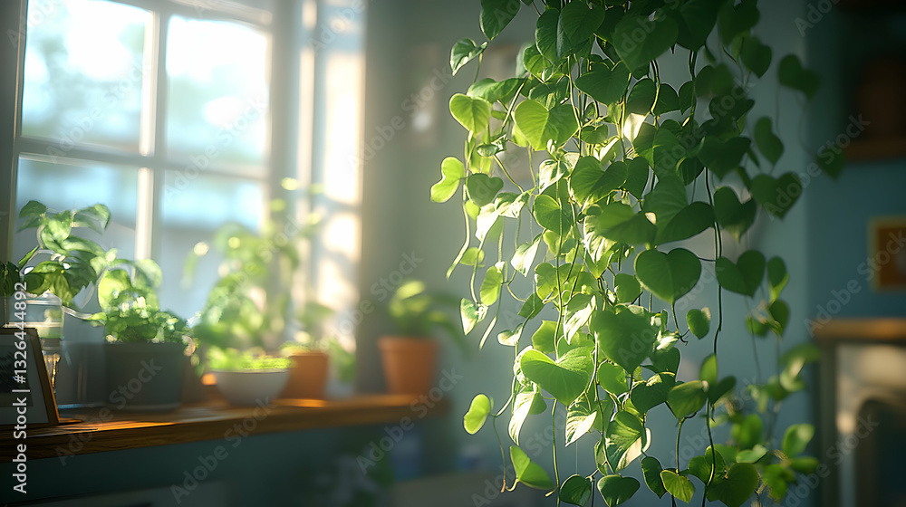 Sunlight streams through window, highlighting hanging heart-shaped leaves Sunlight streams through window, highlighting hanging heart-shaped leaves