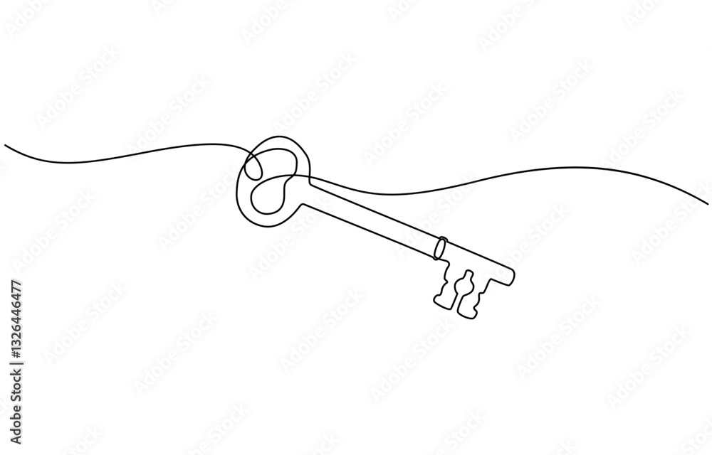 Old key line art silhouette. One line continuous outline vector illustration, Key line background. One continuous line drawing of key. Vector illustration. Key line icon. Old key line art silhouette. One line continuous outline vector illustration, Key line background. One continuous line drawing of key. Vector illustration. Key line icon.