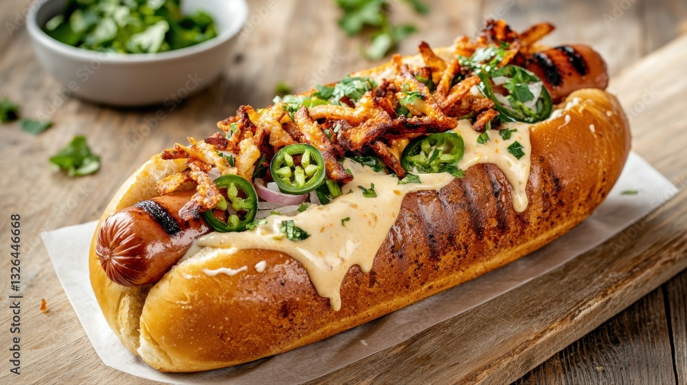 Gourmet hot dog with melted cheese, jalapenos, and crispy onions on a rustic wooden board. Gourmet hot dog with melted cheese, jalapenos, and crispy onions on a rustic wooden board.
