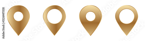 Shiny gold location pins with a circular cutout in various styles for map or navigation uses.