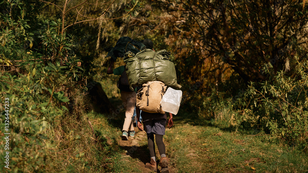 Naklejka premium Porters carrying supplies trekking on mount meru, arusha national park, tanzania. Porters carrying heavy supplies walking on a trail during a trekking expedition on mount meru, arusha national park, t
