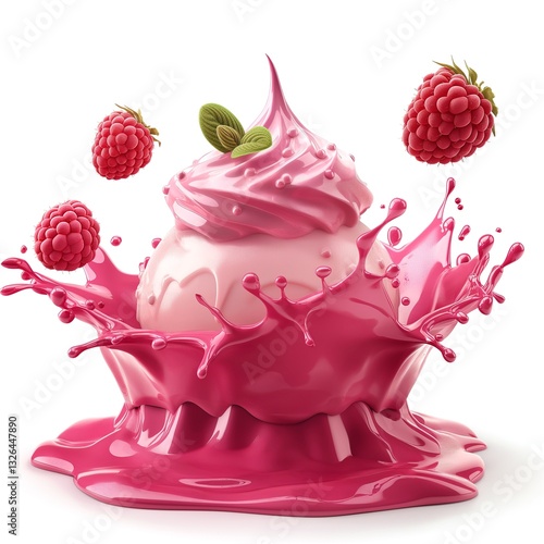 Delicious pink raspberry ice cream with a splash of syrup and fresh raspberries cascading around it.