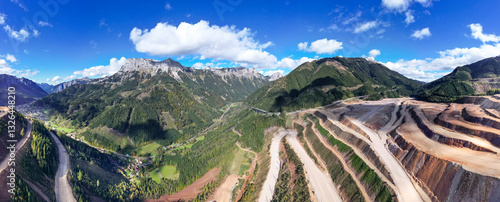 Aerial view of scenic mountain landscape with iron ore mine and stone pit, Erzberg, Styria, Austria.
