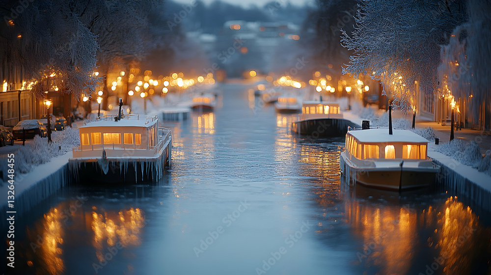 Fototapeta premium Snowy canal at night, warm lights